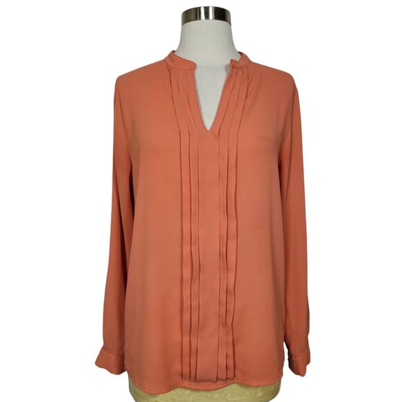 41 Hawthorn Women's Peach V-Neck Chiffon Long Sleeve Pleated Pintuck Top Size XS - Picture 1 of 8